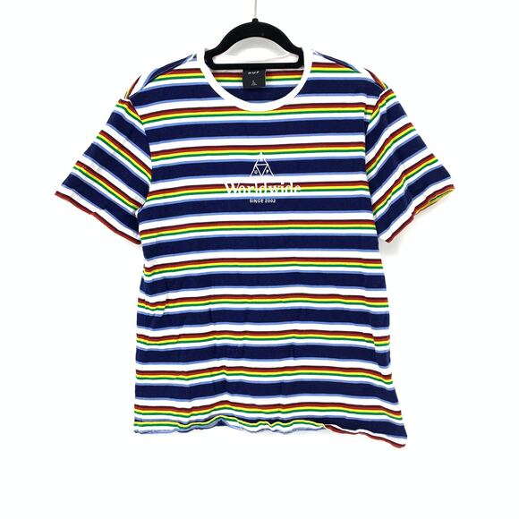 HUF Men's Size L Graphic T-Shirt Rainbow Striped Short Sleeves Multicolor *READ - Picture 1 of 7